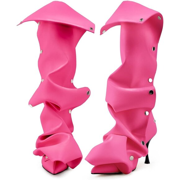 Women's Pink Suede Detachable Snap-off Panel Fold Over Fall Shark Knee High Boot - Picture 1 of 7